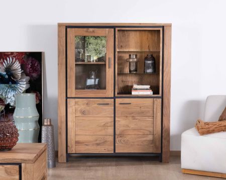 Aparador contemporáneo de acacia maciza con relieve negro, 3 puertas y un hueco con estantes de cristal «Fantaisie»