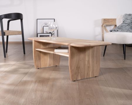 Mesa de salón de diseño minimalista en madera de acacia con hueco «Trudy» de 120 cm