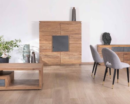 Aparador alto con iluminación LED, de madera maciza de acacia y chapado de piedra «Paguera»