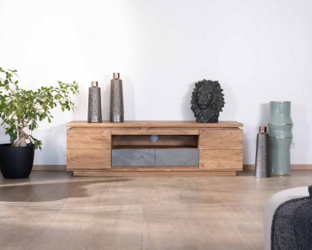 Mueble para la tele de 175 cm de acacia con cajones con frentes chapados en piedra y tira LED «Paguera»