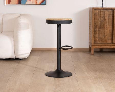 Lote de 2 taburetes de altura regulable con asiento de madera «Juo» en metal negro