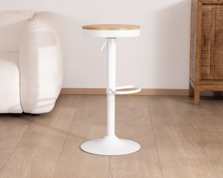 Lote de 2 taburetes de metal blanco «Juo», regulables en altura, con asiento de madera