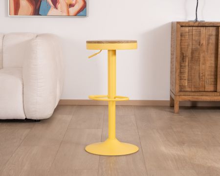 Lote de 2 taburetes de metal amarillo ácido con asiento de madera «Juo» de altura regulable
