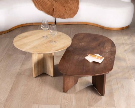 Juego de dos mesas de centro de madera de mango natural y marrón con acabado lijado «Pisa»