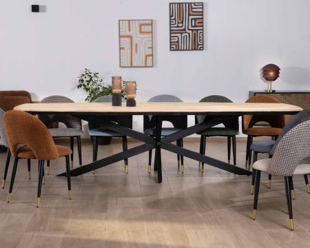 Mesa rectangular de madera maciza de mango de 200 cm, con bordes biselados en negro y patas metálicas 3D «Pisa»