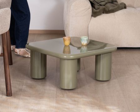 Mesa de centro cuadrada de 70 cm, de estilo minimalista, en color verde salvia «Nalya», con una base escultural
