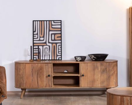 Mueble de televisión grande de 175 cm, diseño redondeado de estilo vintage, en madera maciza de acacia «Boomer», con 2 puertas y 2 estantes