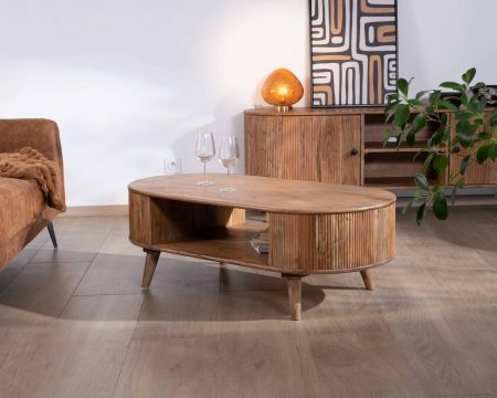 Mesa de salón de diseño vintage con formas redondeadas, de madera de acacia, «Boomer»