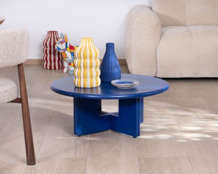 Mesa de centro redonda de 80 cm, de diseño minimalista en azul tinta «Nalya», con base escultural