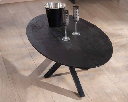 Mesa de centro negra con tablero elíptico de madera maciza de mango lijada y patas metálicas 3D «Pisa»