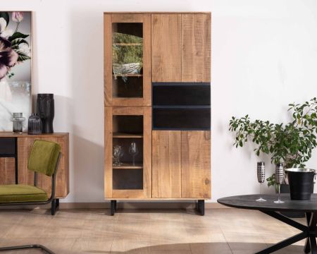 Aparador contemporáneo de acacia con puertas acristaladas y cajones negros «Bennett»
