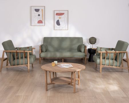 Sofá de dos plazas de estilo étnico en tejido gofrado de color caqui «Plume»