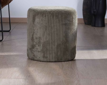 Lote de 2 pufs redondos pequeños de terciopelo acanalado de color caqui «Snaw», de 35 cm de diámetro