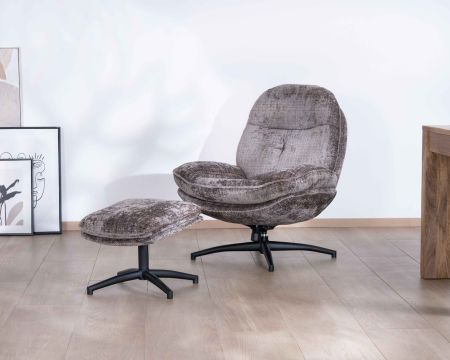Sillón cómodo en gris ceniza de estilo retro con reposapiés «Branson» giratorio 360°