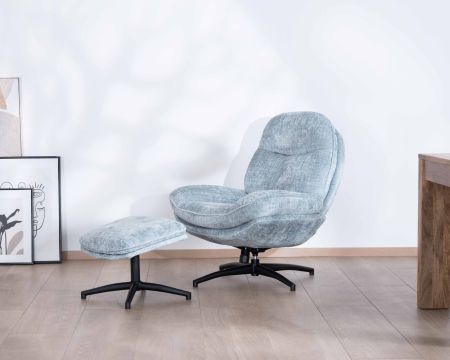 Sillón giratorio envolvente con reposapiés «Branson» en tejido azul glaciar
