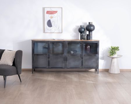Aparador industrial acristalado de metal y madera exótica de 180 cm «Dowtoun»