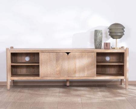 Gran banco para ver la tele de madera de mango, estilo japandi «Orobie», 185 cm
