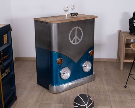Mesa de bar con diseño que imita la parte delantera de un autobús azul y gris «Crazy»