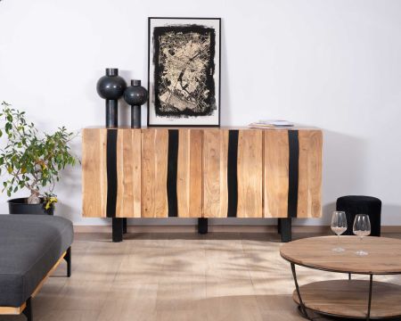Gran aparador de diseño de 190 cm, de madera maciza de acacia y metal negro «Zen Black»