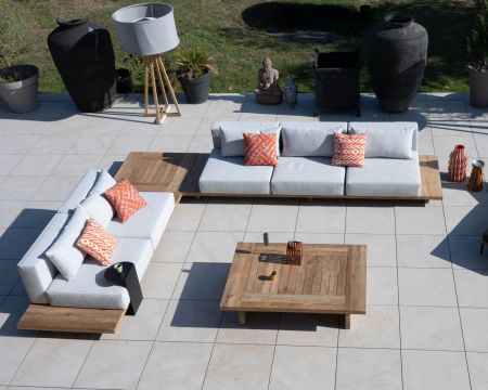 Gran sofá modular de jardín de 5 plazas «Eclipse» con repisa esquinera de teca