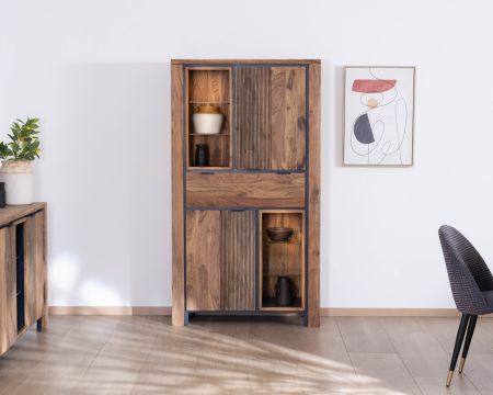 Jardinería con iluminación interior y estantes de cristal «Enoa», de palisandro y acacia