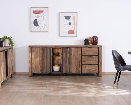 Aparador con múltiples compartimentos y estantes de cristal «Enoa», de palisandro y acacia, 200 cm 