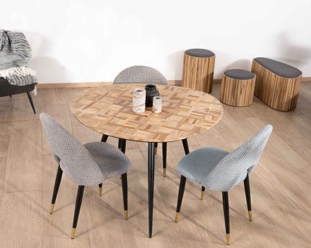 Mesita de comedor de 3 patas delgadas de metal, con tablero de teca y marquetería «Foster», 110 cm