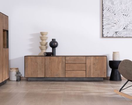 Gran mueble de televisión de 180 cm de madera de mango, estilo minimalista «Santo», con puertas y cajones