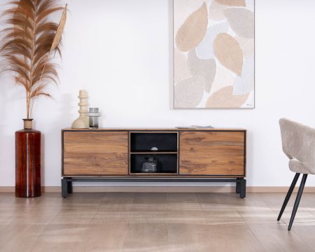 Mueble de televisión contemporáneo bicolor «Olonie» de 175 cm, en teca natural y metal