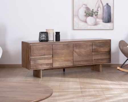 Mueble para la tele de 160 cm con diseño minimalista Japandi «Geta», de madera maciza de mango