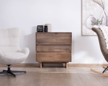 Cómoda de estilo Japandi en madera maciza de mango «Geta», con 3 cajones de amplia apertura