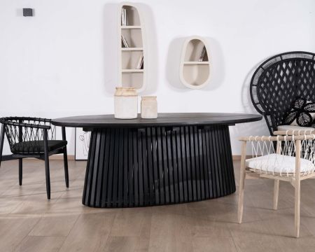 Mesa de comedor ovalada de 210 cm de teca negra con pata central calada «Dutipi»