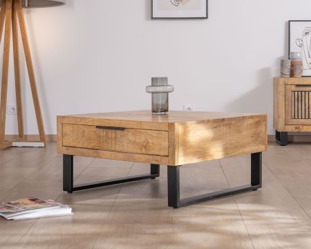 Mesa de centro cuadrada de 80 cm de madera de mango y patas de metal «Manoha» con un cajón grande