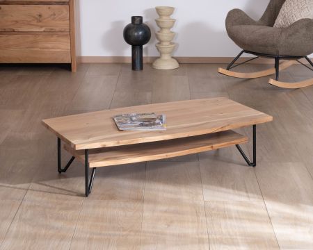 Mesa de centro de doble bandeja con forma de barco, de madera maciza de acacia «Zen Black»