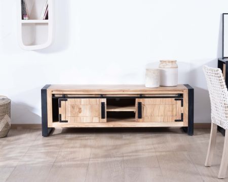 Mueble para la tele de estilo industrial, de madera y metal, con 2 puertas, modelo «Montréal», 160 cm