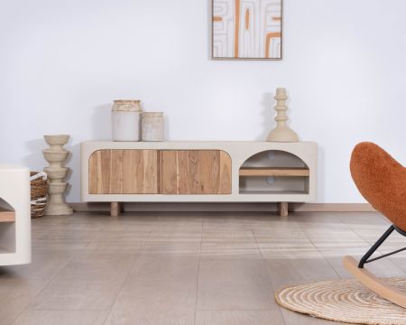Mueble de televisión contemporáneo con acabado de hormigón pulido y madera de acacia «Miona»