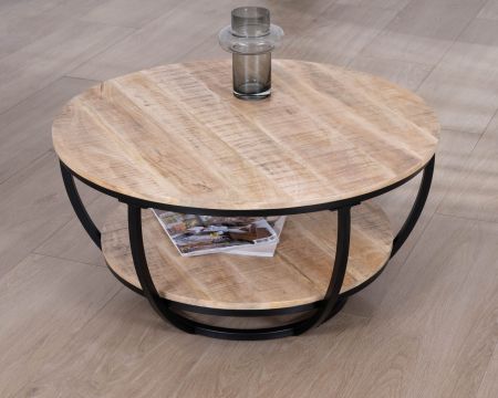 Mesa de centro redonda de doble bandeja, de madera maciza de mango y estructura metálica negra «Loopie»