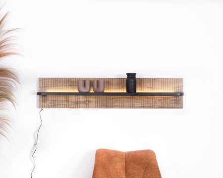Estantería de pared de acacia con iluminación LED «Bopee»