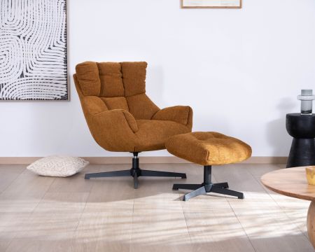 Sillón giratorio de diseño con reposapiés «Calista», en tejido de chenilla color óxido, de estilo vintage