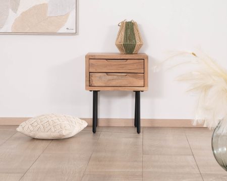 Mesita de noche de líneas sencillas en madera de acacia natural y metal «Alto», con 2 cajones