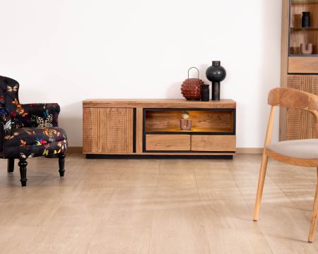 Mueble de televisión contemporáneo de 145 cm de acacia con ribetes negros «Lumino» y nicho con iluminación LED