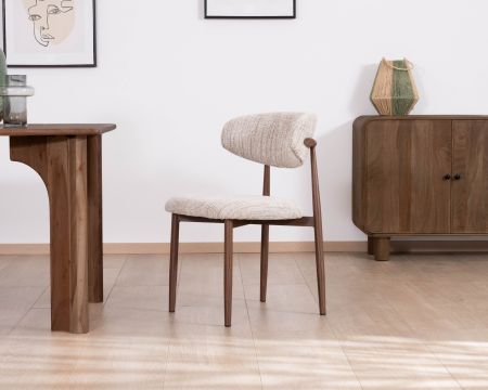 Lote de 2 sillas de comedor retro de tela tejida en tonos beige y marrón «Arpège», con patas de metal con acabado en nogal