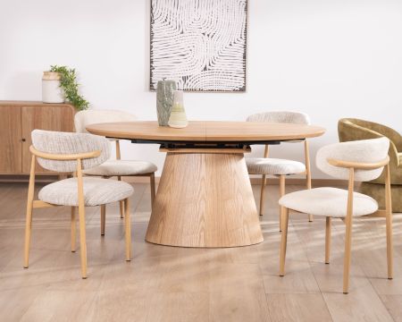 Mesa de comedor ovalada extensible de 160 a 200 cm, con acabado en roble «Oria» y estilo contemporáneo minimalista