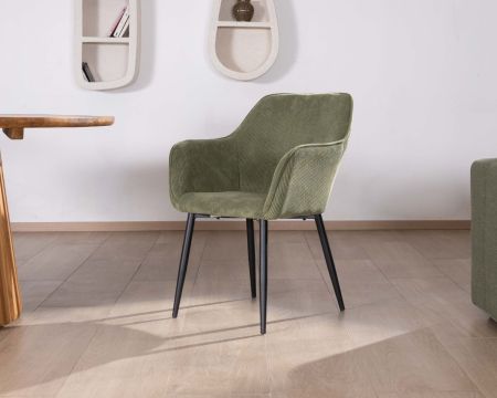 Silla contemporánea con reposabrazos «Scotty», de terciopelo verde caqui y patas de metal negro