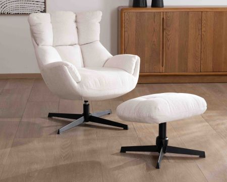 Sillón giratorio con reposapiés modular de tejido rizo crudo «Calista»