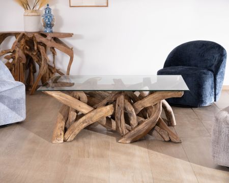 Mesa de centro rectangular de 125 cm de madera de teca reciclada con tablero de cristal «Kanoa»
