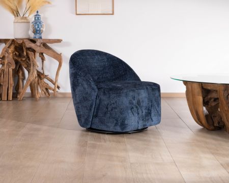 Pequeño sillón auxiliar de diseño minimalista en tela azul noche «Marylin», giratorio 360°