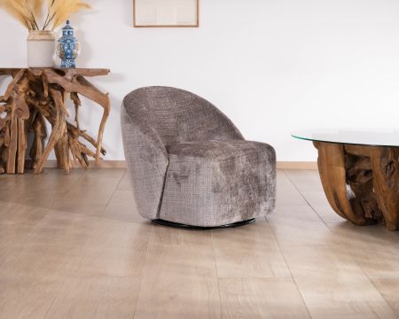 Pequeño sillón giratorio de estilo contemporáneo, tipo butaca, en tejido de rizo gris ceniza «Marylin»
