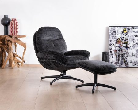Cómodo sillón giratorio de estilo retro, tapizado en tela gris «Branson», con puf