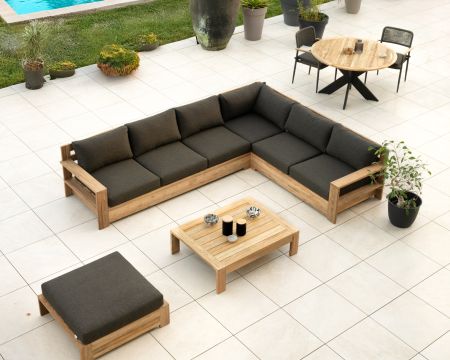 Gran sofá modular especial para exterior, de teca y tela gris oscuro «Zénith»